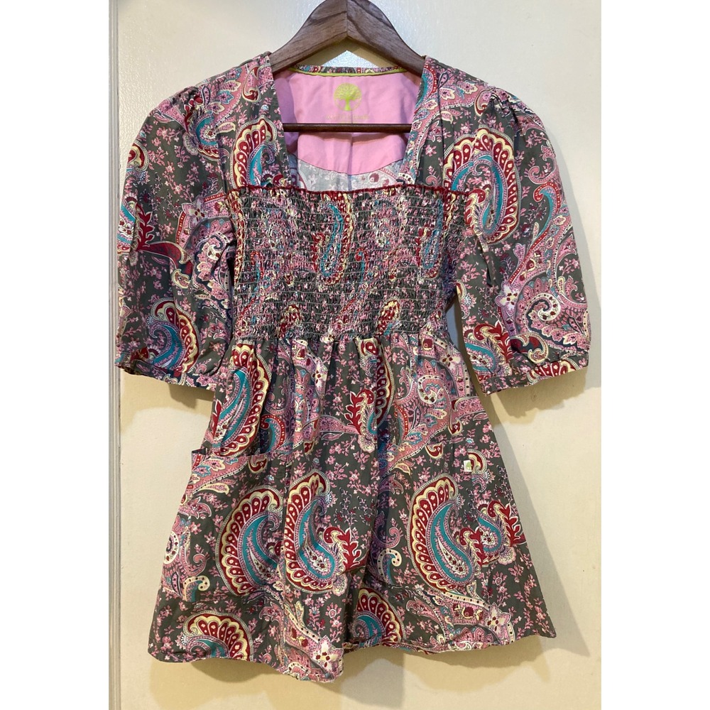 Healing Hands Scrub Top Women M Pink Grey Paisley Smocked Square Neck Boho Nurse